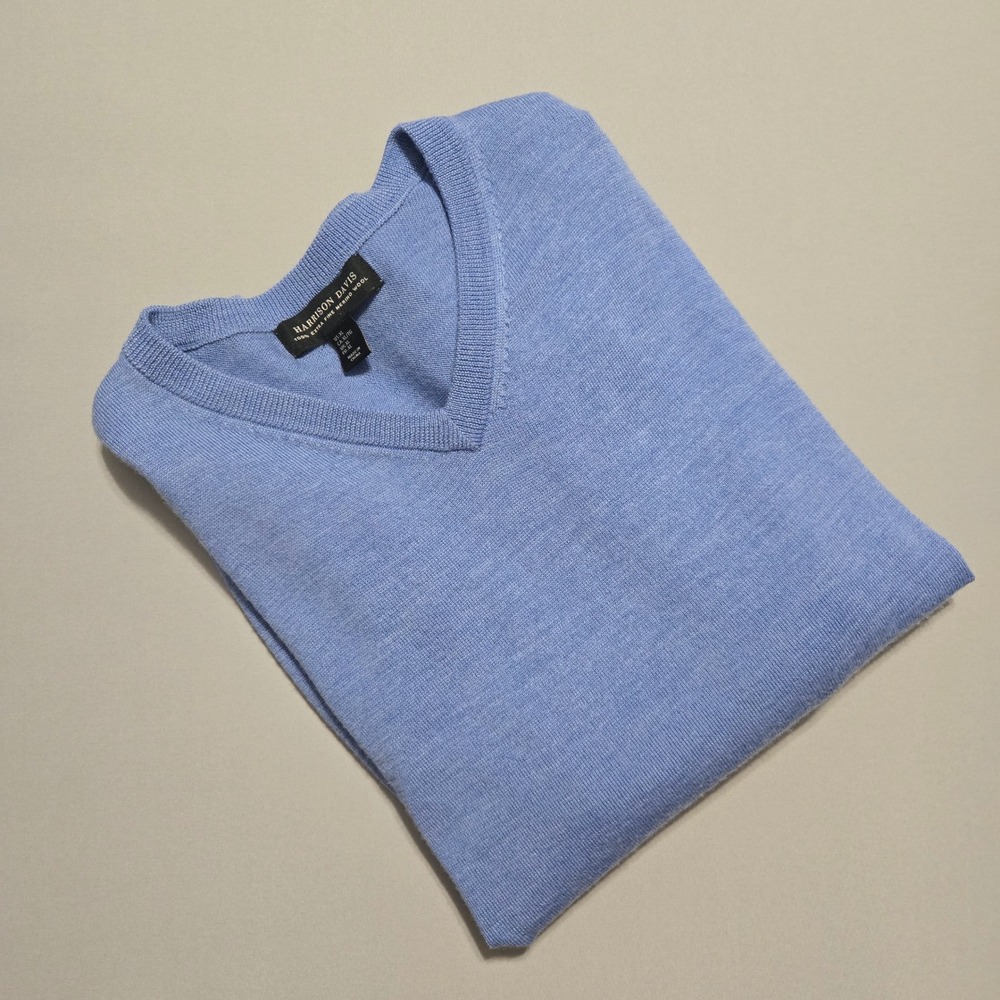 Harrison Davis V-Neck Sweater Mens XL Blue 100% Extra Fine Merino Wool Pullover